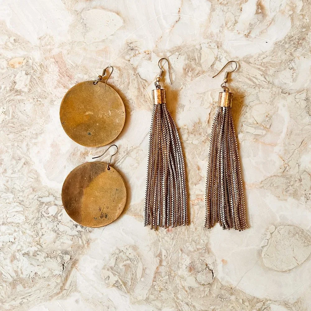 Bundle (2) Brassy Red Floral Lotus Medallion and Long Box-chain Tassel Earrings - Picture 3 of 4